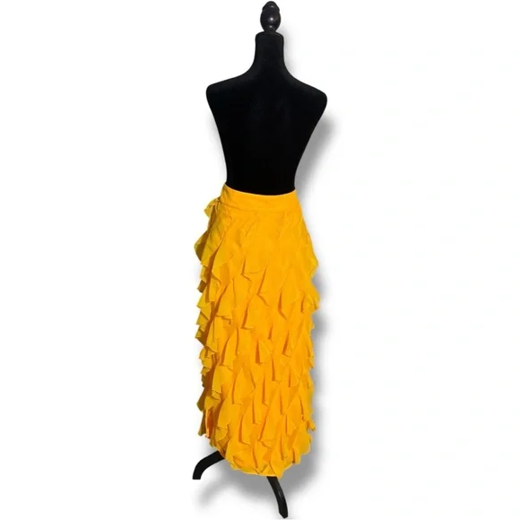Anthropologie Let Me Be Sasha Elegant Yellow/Gold Ruffled Maxi Skirt with Slit - Picture 6 of 16
